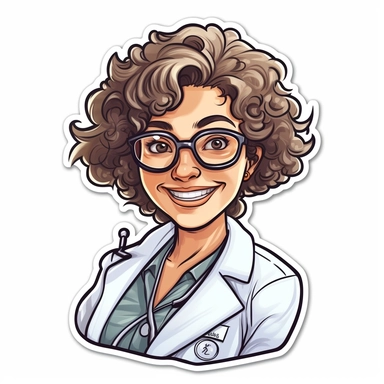 portret a happy woman doctor, sticker, style by Lusy Fleming, folk art, watercolor, clipart elements, smooth gradients, black contour outline, ultra detailed, white background, super clear, high quality