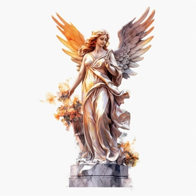 angel statue watercolour in the style of digital airbrushing, realistic yet stylized, digitally enhanced, elaborate costumes, 32k uhd, clipart, white background