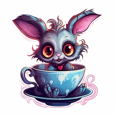 whimsical, cute, cartoon, clipart, bunny, teacup, sticker, in the style of Tim Burton