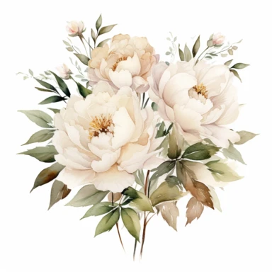 white and beige watercolor Peony Bouquets with leaves in the background, soft muted color, clipart, multiple flowers in a bouquet, different composition, ultrarealistic, high details, emotive fields of color, charming illustrations, bloomcore, fairycore, soft color, whimsical, isolated on white background