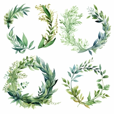 watercolor clipart, wreath greenery, sprigs, branches, leaves, extremely detailed