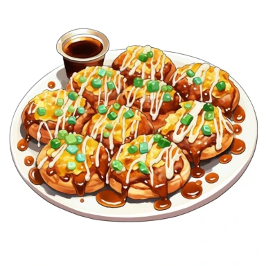 a plate of golden-brown takoyaki balls clipart topped with takoyaki sauce, mayonnaise, bonito flakes, and green onions, white background vibrant watercolour, hight detail, 32K, HD