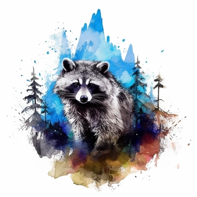 watercolor style, devil raccoon with the mountain forest in the back clipart, isolated on white background, hd