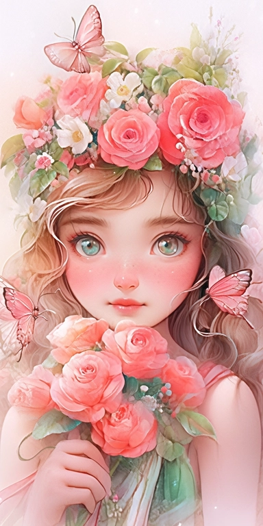 Watercolor beautiful wild roses fantasy forest fairy girl with beautiful face and big eyes with flowers, with angel wing, chibi kawaii animated style, vivid vibrant colors, intricate detail, hyper detailed, hyper quality, 32K, unreal engine, isolated on white background, kawaii, clipart