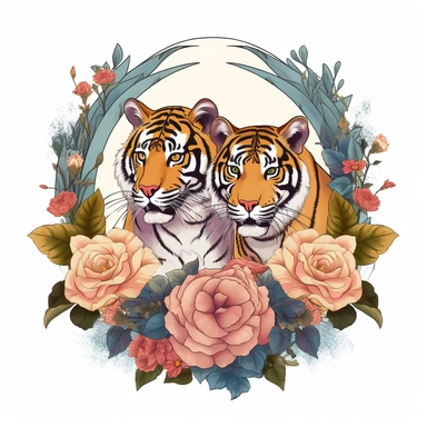 A retro illustration of 2 tigers surrounded with flowers and art nouveau details, professional clipart, beautiful summer color palette, inspired by sailor jerry tattoos, epic composition on white background, 8k,