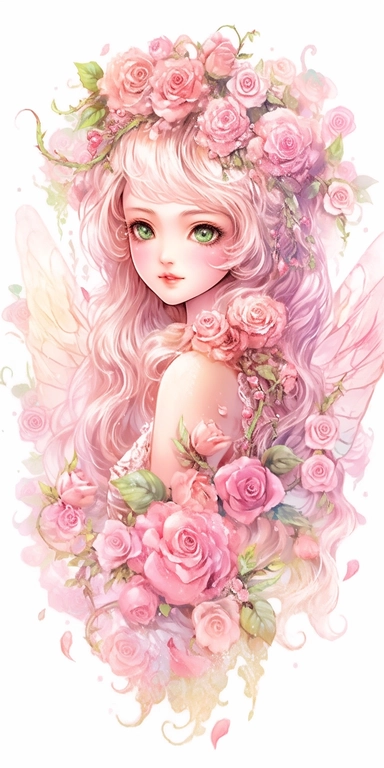 Watercolor beautiful wild roses fantasy forest fairy girl with beautiful face and big eyes with flowers, with angel wing, chibi kawaii animated style, vivid vibrant colors, intricate detail, hyper detailed, hyper quality, 32K, unreal engine, isolated on white background, kawaii, clipart