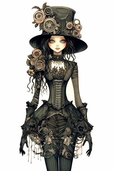 watercolor mixed media goth steampunk bride girl entire body and bridesmaids in goth steampunk wedding decor illustration clipart by holly hobbie