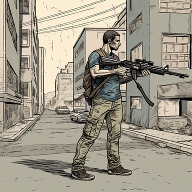 a full body portrait of a man holding his M16 rifle and shoot fire to the side,in a poor street +s ide view+dark color tones+ vintage drawing style ,clipart drawing,clipart image,high definition drawing,clean colors,balanced colors,detailed drawing,ratito 16:9 , aspects : high 1920 + width 1080