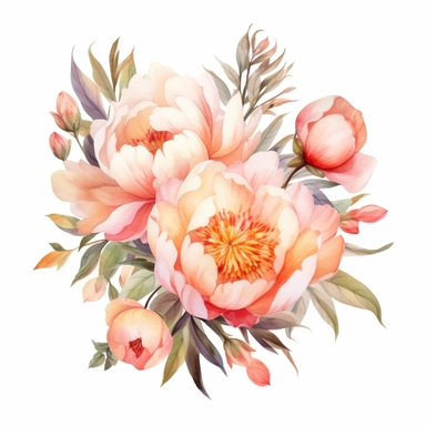 Watercolor flowers bouquet clipart. Peach peony arrangement. Floral illustration set isolated jn white background. Perfect for card design, wedding invitation, fabric, home decoration ar 16:9