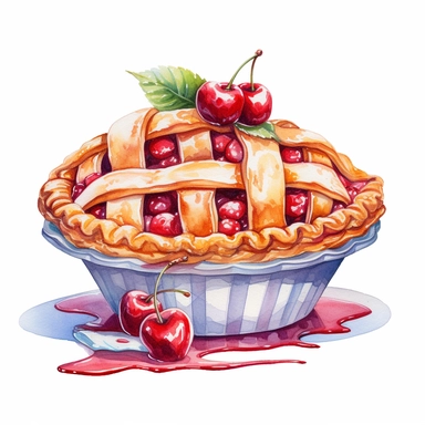 a watercolor of a delicious cherry pie, cherry academy style, cherry red nuances, vector free clipart illustration, in the style of unreal engine 5, 32k uhd, detailed features, white background