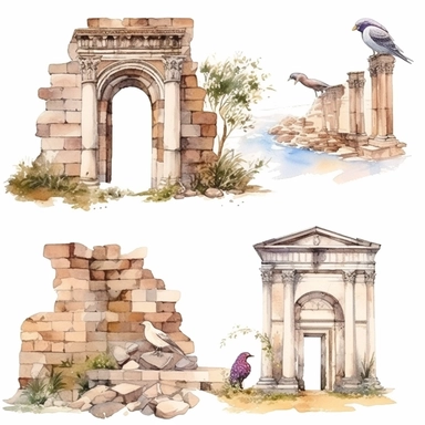 watercolor turkey ephesus ruins, illustrations clipart set, simple, , cartoon elements ,different variants ,marble elements, separate elements with a margin