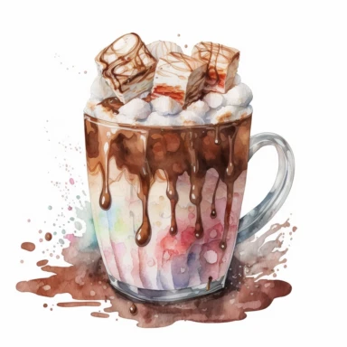 water colour clipart, hot chocolate with cream and marshmallow with steam, cartoon sticker design, winter, isolated white background, single images