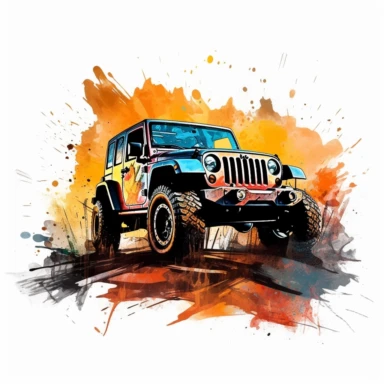 Jeep Wrangler offroad sun on back creative art, shiny, rich color, super resolution, Graffiti, Clipart, watercolor, realistic, 8k