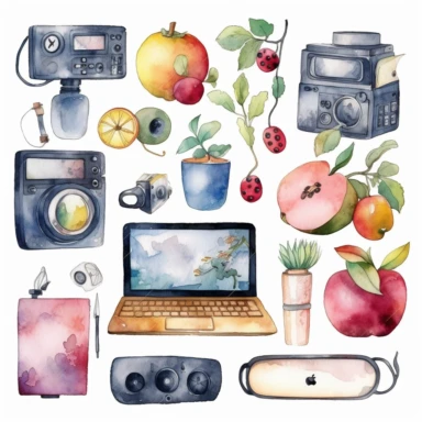 hand-painted watercolors, computer clipart, laptop clipart, monitor clipart, T.V icons set, isolated white background, single design, sharp, bold