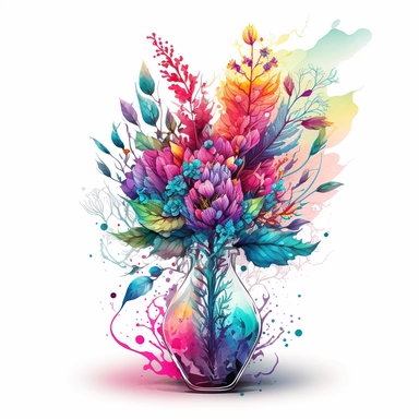 Vase of Flowers Clipart, watercolor, Festive, Neon, Street Art, Contour, Vector, White Background, Detailed