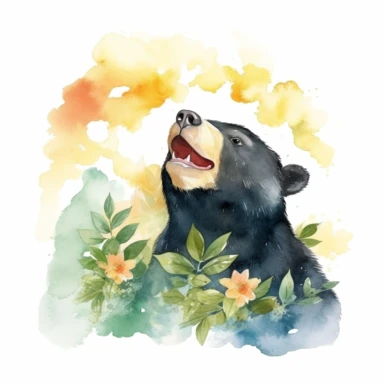 Watercolor Sun bear in rainforest clipart, for childish cards, illustration style, on white background, detailed, hd