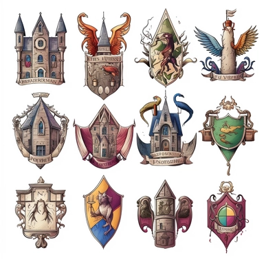 clip art of the house crests from harry potter, cartoon style, white background