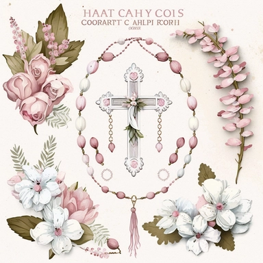 catholic rosary clip art props , boho pink and white watercolor flowers