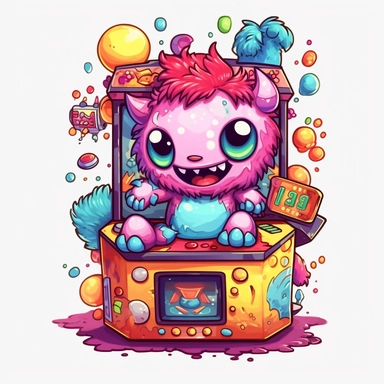 cute and funny little monster playing videogames arcade, transparent clipart graphic