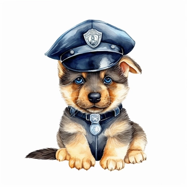 watercolor clipart, vey cute happy puppy german shepherd, in style police officer, Police Badge, Police Uniform, Duty Belt, police Hat or Cap, hyper detailed, bright colors, 300 dpi, 8k, white background, high solution, no watermark