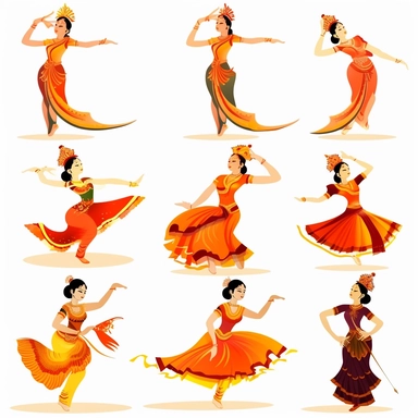 Develop clipart illustrating traditional Thai dance Descriptive Keywords: Thai classical dance, elegant costumes, hand gestures, traditional music, graceful movements Style of Photograph: Artistic and graceful
