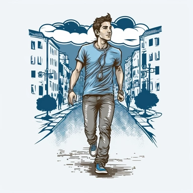 friendly blue t-shirt man walking in music city, ghlibi style, comic, manga, cute, clipart, hd, ue5