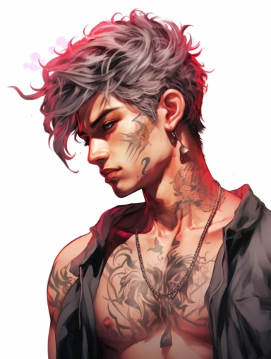 Beautiful man, colorful, anime style, tattoo, on white background, 12k, sticker art, clipart png, digital painting, WHITE BACKGROUND, ultra details,