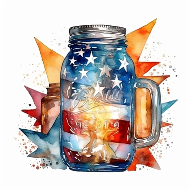 fireworks, shades of American flag, patriotic, beer jar, celebration, aquarelle, clip art illustration