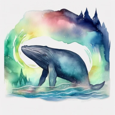humpback whale in the northern lights landscape, watercolor clipart, 32k