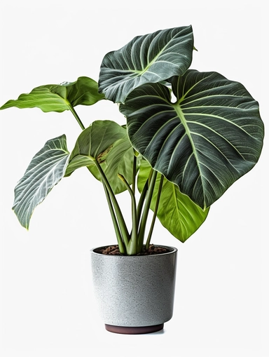 acrylic pain, Alocasia Baginda 'Silver Dragon', Alocasia Baginda 'Silver Dragon' Plant, Cone - shaped pot, clipart, hd, on a white background, spaced out