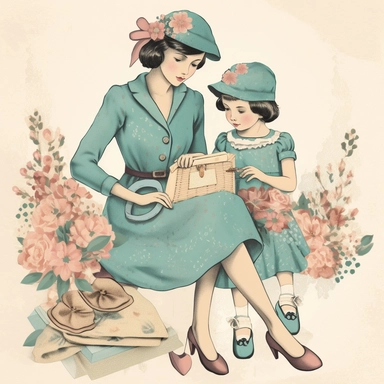mother's day clipart, mom and daughter, vintage clothes