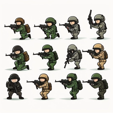 10 stickman soldiers shooting in different poses stickers collection, clipart design, cartoon, 4k, white background, photo realism