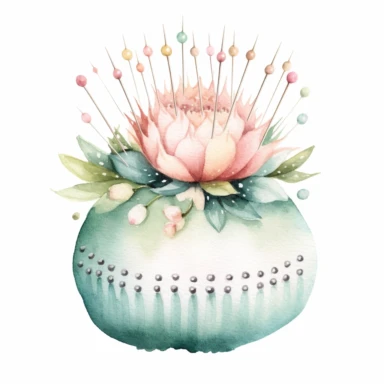 watercolor vintage pincushion with needles for sewing, pastel colors pink and mint, high quality, clipart, white background
