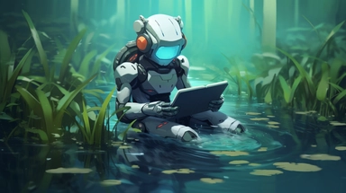 high quality clip art of reading anime girl robot in swamp, white solid color background, cold color palette based blue, Pro freelance, Illustration agency, behance style,