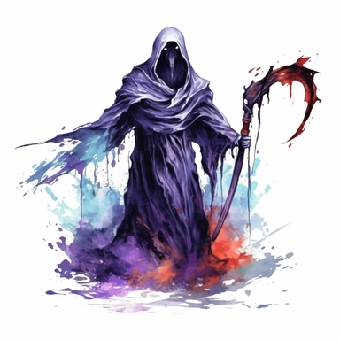 mystical dark scary watecolor halloween horror cartoon grim reaper clipart, hd 4k, detailed, focused, isolated on white background