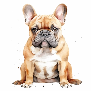 full perspective, watercolor french bulldog dog clipart, on a white background