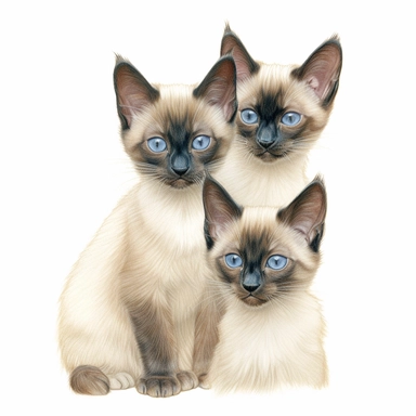 3 fuzzy Siamese kittens, color pencil sketch on a white background for clipart