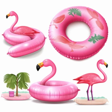 vector clipart set inflatable innertube in the shape of a pink flamingo, alligator, cabana, isolated, hd, no background, realistic