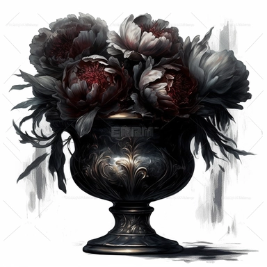 gothic dark peonies in metallic vase, painting, dark fantasy, clipart, digital art techniques, eerie compositions, white background