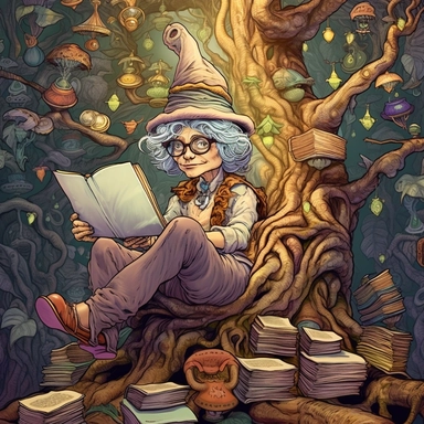 COMIC/CARTOON fantasy magical wacky witch reading books in a huge tree,large eyeglasses, hats, muted colors, swirls, twists, twirls, metallic, glitter, stylized, funny, centered, airbrushed, digital oil, detailed illustration, clip art, cartoon, 8k, ar 9:8