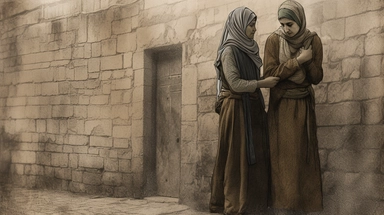 full body portrait , a scene of women group,a young woman console another young woman with touching her shoulder with sad face,they act like soldiers and fighters,wearing palestinian kufiya, standing in a poor old street , they are standing with side view they are Palestinians from Hebron+refined drawing details+ horizontal images aspects + dark color tones+ vintage drawing style ,clipart drawing, clipart image, high definition drawing, clean colors, balanced colors, detailed drawing, image rati