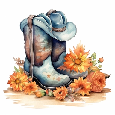 Cowboy Boots Hello Fall Pumpkin Fall Vibes , style by Lucy Fleming, watercolor, smooth gradients, black contour outline, ultra detailed, clipart elements, delicate pastel colors, solid white background, super clear, high quality