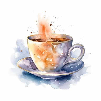 watercolor clipart of a cute charming cup of tea, sparkles, winter wonderland vibes, isolated on white background