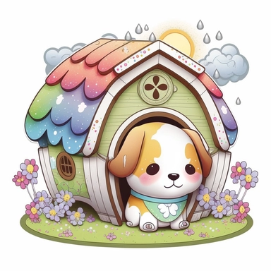 clipart with white background of a doghouse in the style of kawaii, fantasy and mystical