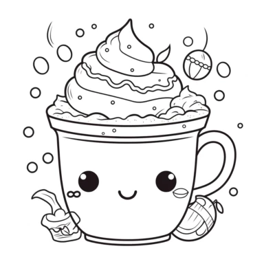 kawaii icon hot chocolate with whip cream and cookie and cherry clipart coloring page black line white background