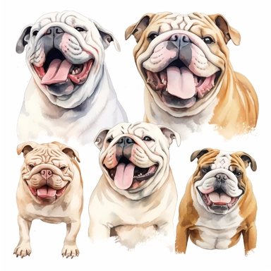 Line art, realistic watercolor, clipart collection, happy bulldog puppies, tongue out, portrait, isolated on a white background