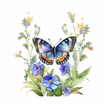 watercolour butterfly clipart sitting on flowers and plants, white background, no text
