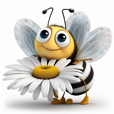 cartoon type of happy bee with irridescent wings with a white daisy flower clipart white background