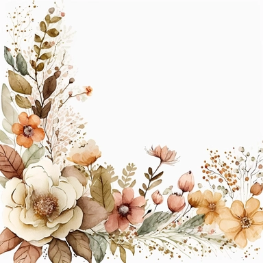 watercolor spring flower border, clipart isolated on clear white background, brown, peach, and cream, boho, lithograph, 32k uhd, textural