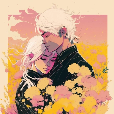Dreamlike hyper realistic illustration of a couple in love embracing. The man has black hair. The girl is has white hair. In a field of pink and yellow flowers. Flat colors, simple lines, gorgeous lighting, graphic novel style, 2d painting, ink painting style, digital art, childrens character design, happy mood, pixar style cartoon, line work, minimalist, watercolor, 8k, PNG, clipart on white background, sticker style, studio ghibli vibe, studio ghibli style